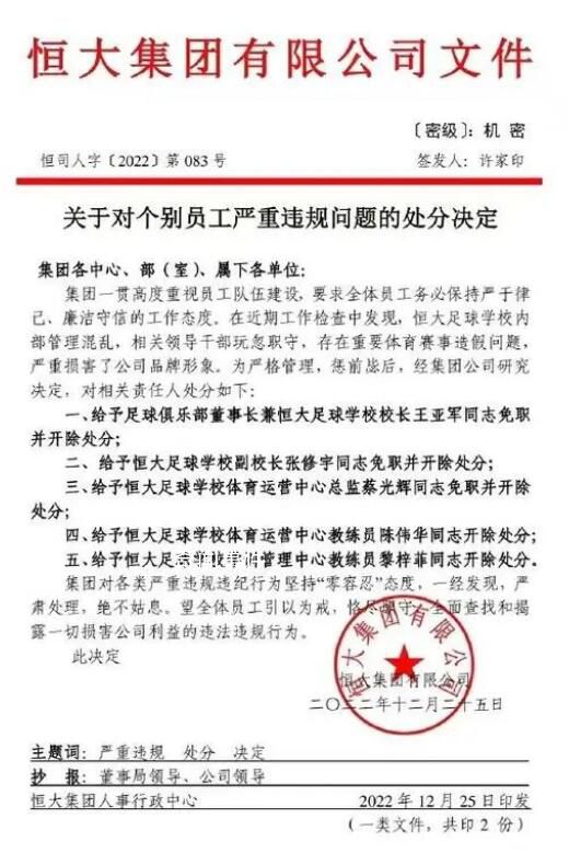 假球案后续:恒大足校校长被开除