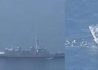 日本一护卫舰碰撞岩石 海面浮有漏油