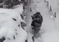 男子40厘米积雪中边铲雪边爬华山 期间自己摔了很多跤