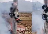 新郎被绑电线杆身下挂燃放鞭炮 表示新郎身上的鞭炮是空的