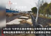 老人等公交无聊烧绿化带 导致部分树木烧损