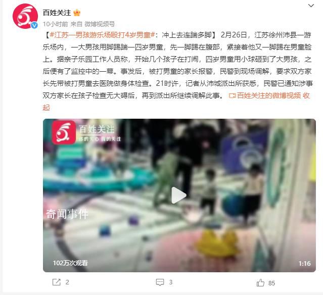 男孩游乐场殴打4岁男童:连踹多脚