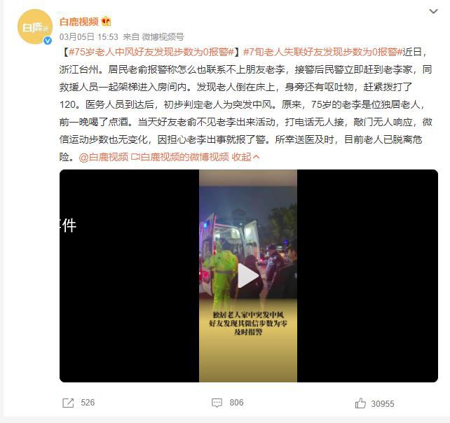 75岁老人中风 好友发现步数为0报警