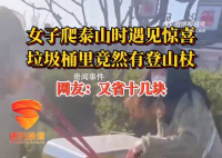 女孩从垃圾桶捡3根登山杖爬泰山 网友调侃：又省了十多块