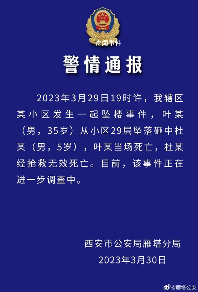 男子29楼坠落砸死男童 警方通报 