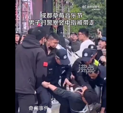 成都草莓音乐节一男子对警察竖中指 已被警方带走