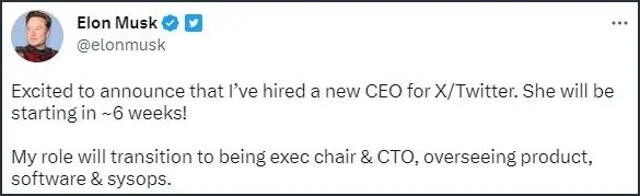 马斯克宣布将卸任推特CEO 新CEO将于六周后履新是一位女性