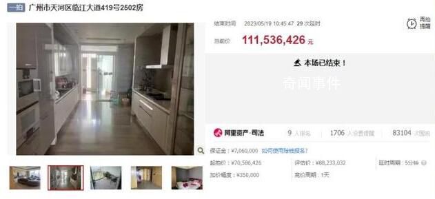 广州一户高层住宅拍出1.11亿元 起拍价7058.6426万元
