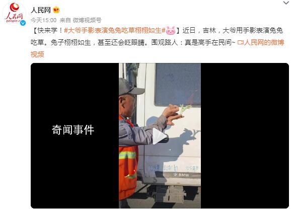 大爷手影表演兔兔吃草栩栩如生 真是高手在民间
