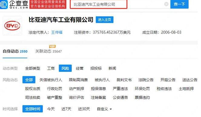 比亚迪汽车工业公司经营异常 通过登记的住所或经营场所无法联系