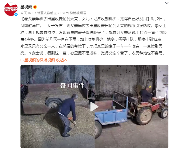 老父亲半夜去田里收麦忙到天亮 看到这一幕心里挺不是滋味