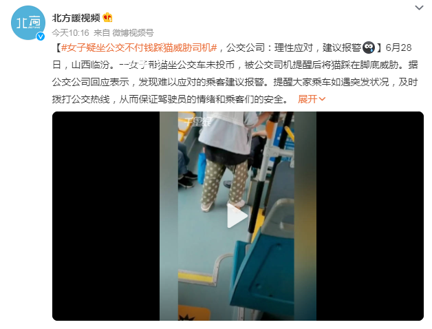 女子疑坐公交不付钱踩猫威胁司机 发现难以应对的乘客建议报警