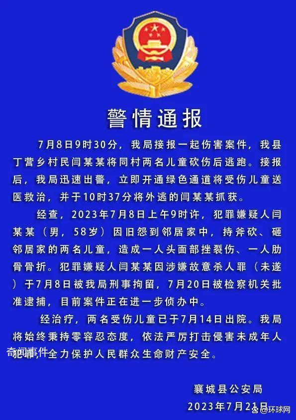 老人持斧砍砸2儿童涉故意杀人罪被捕 目前案件正在进一步侦办中