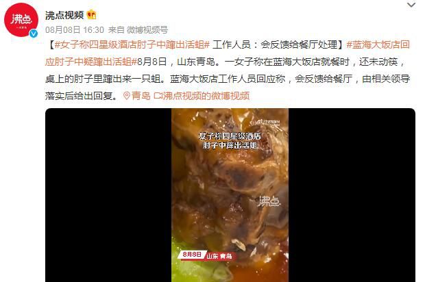 女子称四星级酒店肘子中蹿出活蛆 会反馈给餐厅处理