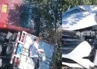 黑龙江多车相撞 大客车压在货车上