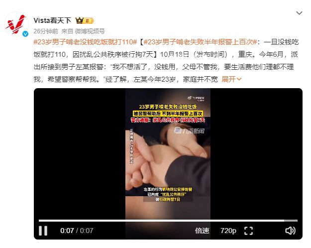 男子好吃懒做 一没钱吃饭就打110