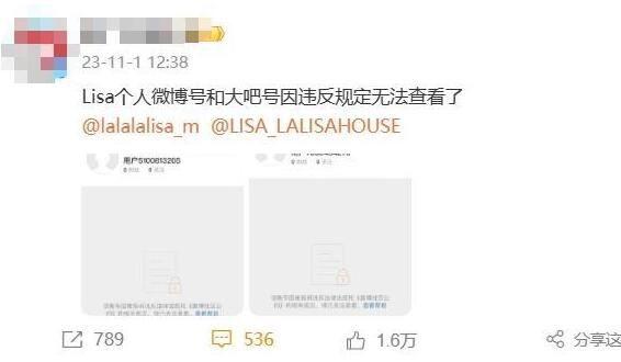 Lisa及其后援会微博账号被封 现已无法查看