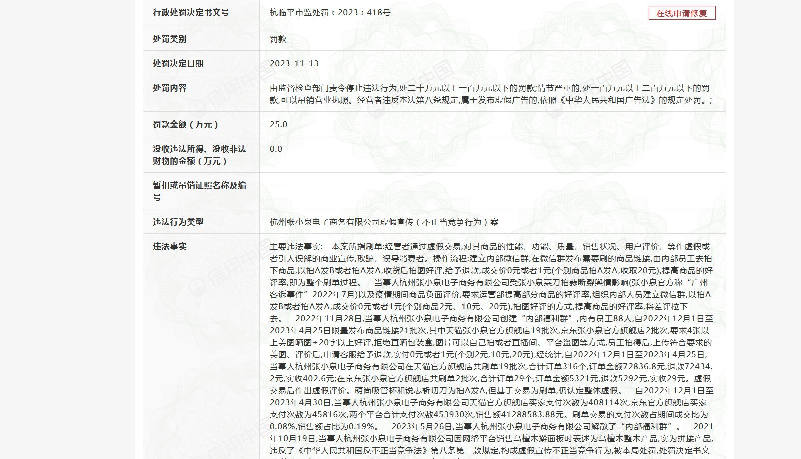 张小泉为应对拍蒜断刀刷好评被罚 处罚决定日期为2023年11月13日