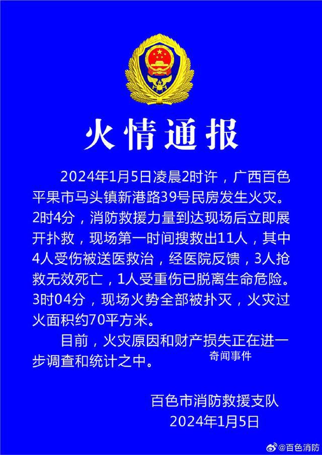 广西一民房发生火灾致3死1重伤 火灾原因和财产损失正在进一步调查和统计之中