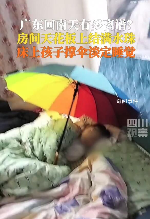 广东回南天孩子淡定撑伞睡觉